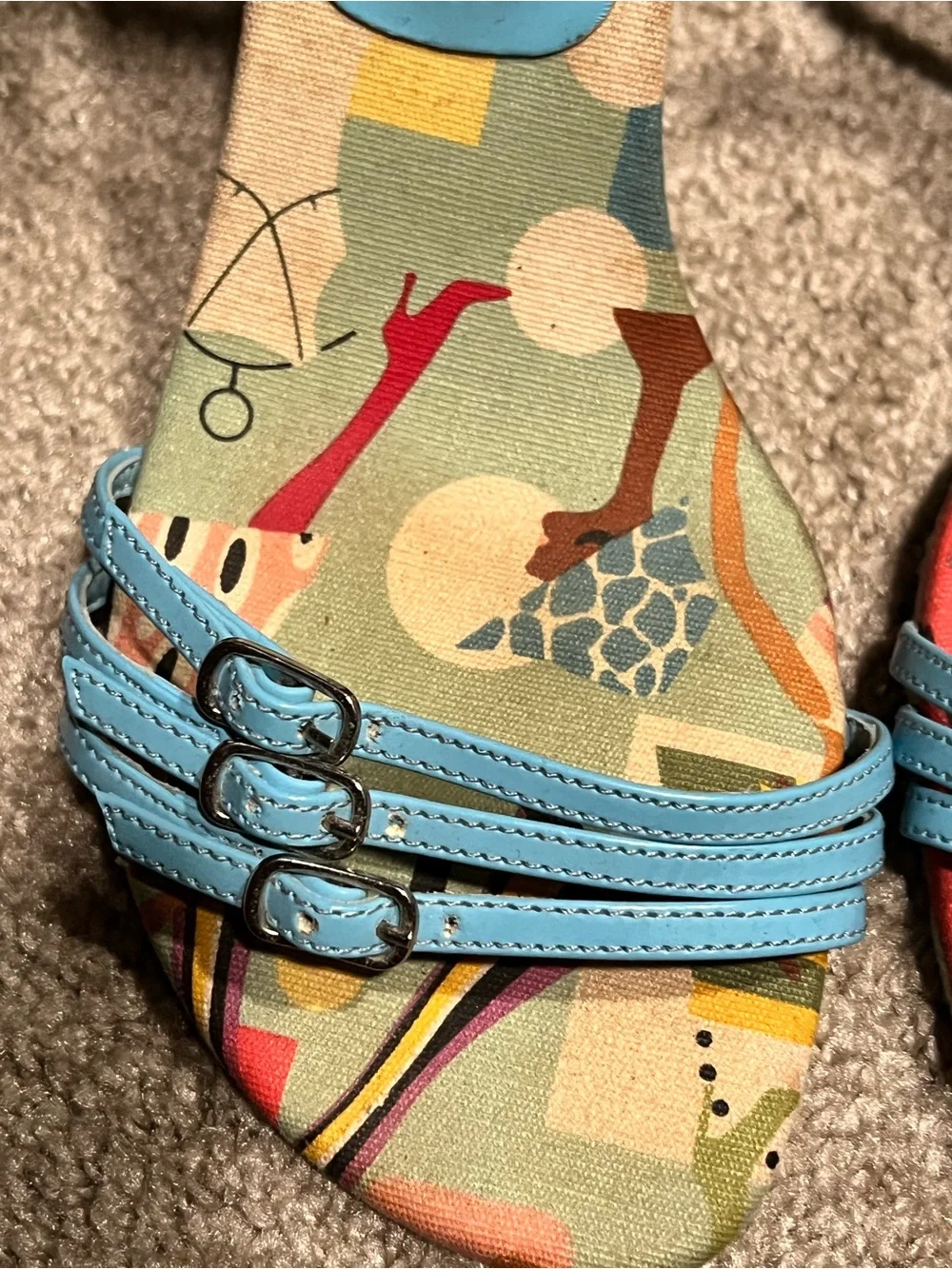 Baby blue Strappy Sandals with Colorful Printed Footbed